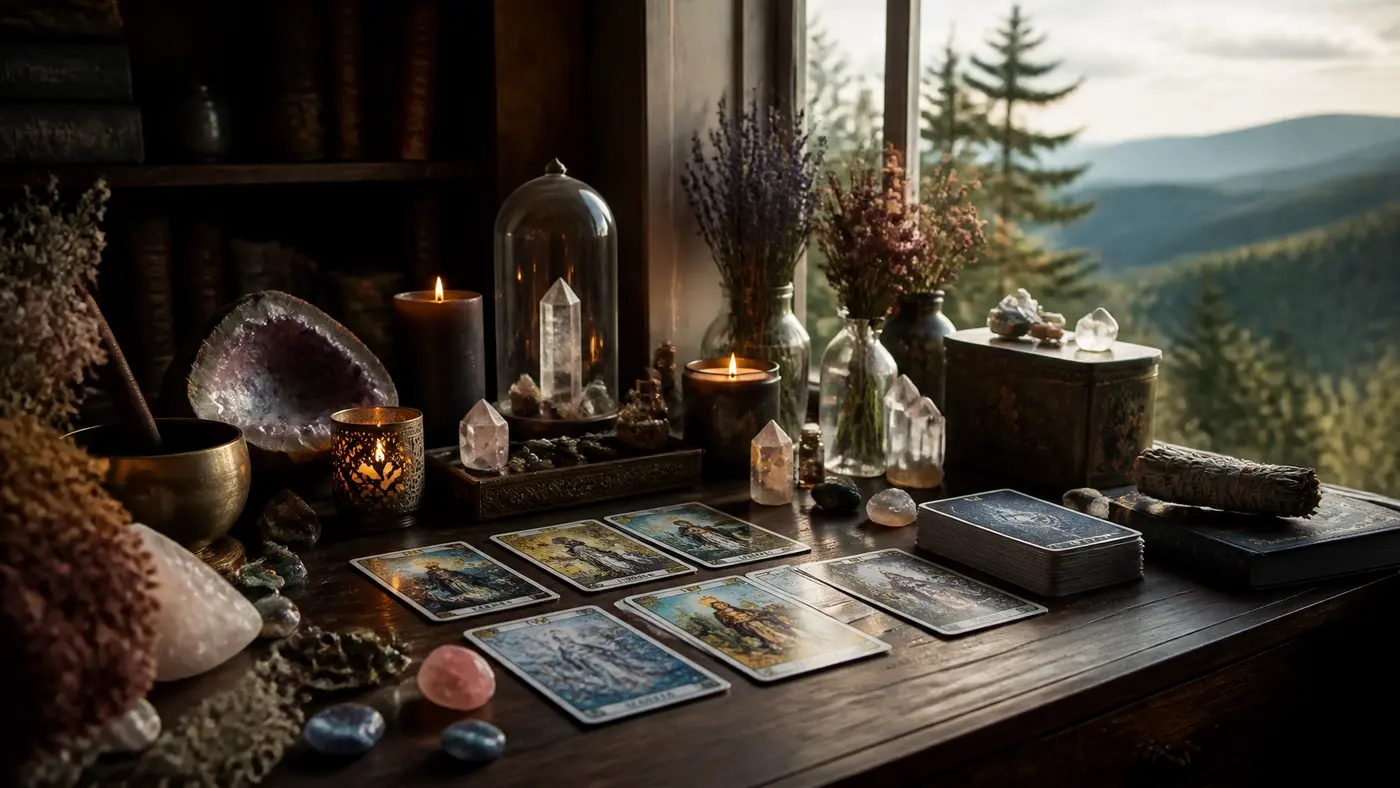 Tarot cards, crystals, and candles arranged on a wooden reading table